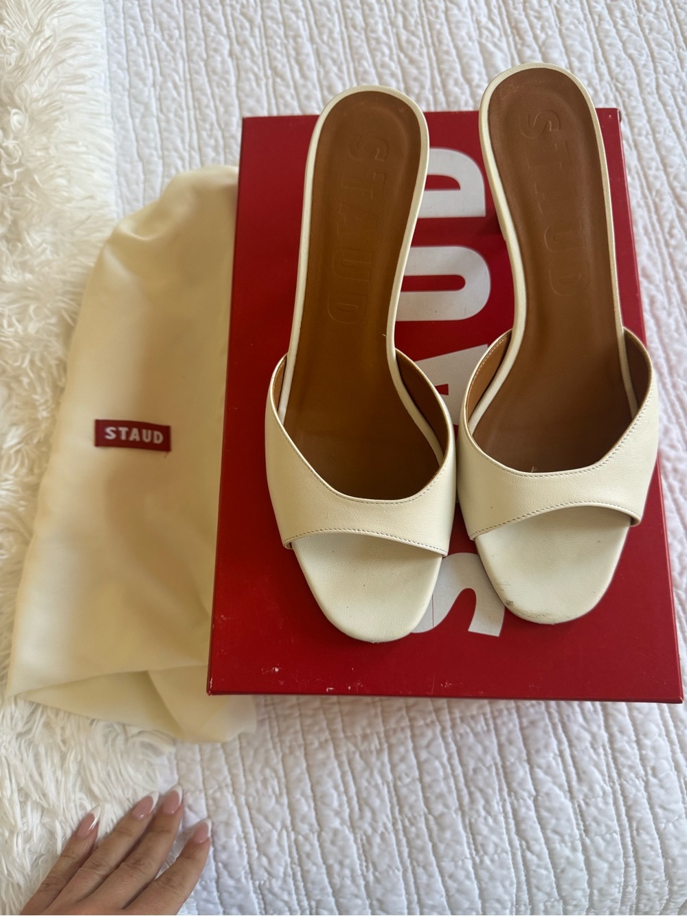 STAUD Cream Open-Toe Leather Slide Mules